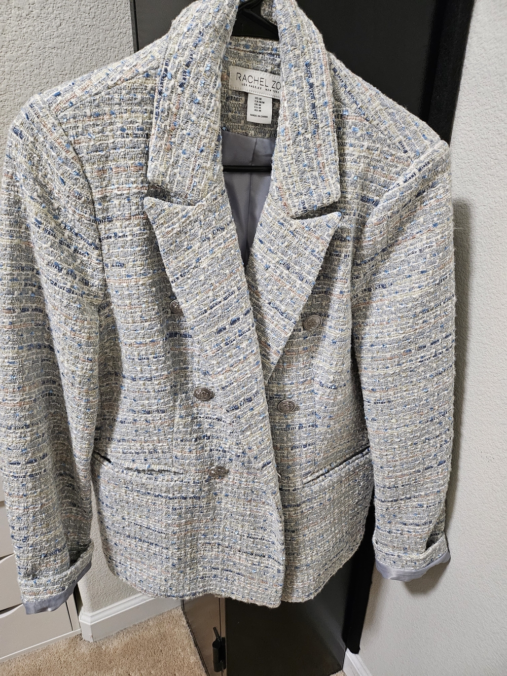 Rachel Zoe Cream and Blue Tweed Double-Breasted Blazer